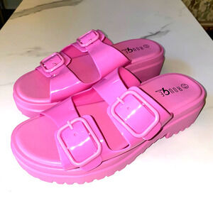 New Vegan 7.5 Barbie Pink Double Buckle Platform Jelly Slides Sandals Open Toe